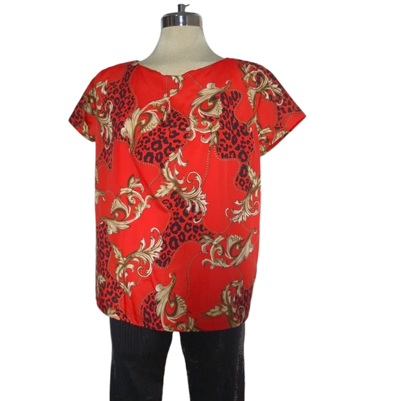 Rafaella Studio Royal Red Leopard Designs Blouse Size L - Picture 8 of 16